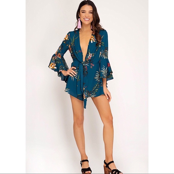 Floral Woven Romper in Teal - Picture 5 of 6